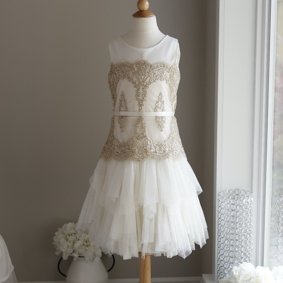 Ivory Tulle Dress Gold Embroidery Formal Party Flower Girl Special Occassion - Picture 1 of 9